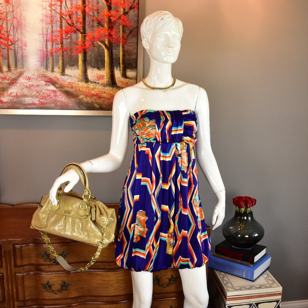 Akira Bubble Hem Strapless Tropical Print